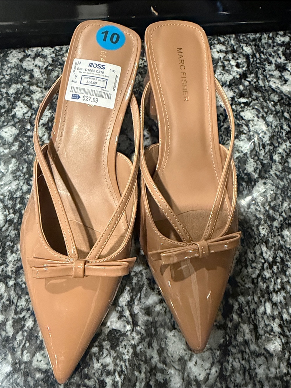 Marc Fisher Patent Nude/Tan Slingback Pointed-Toe Mules with Bow